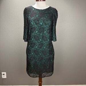 Tegan Green Black  Lace Overlay 3/4 sleeve Shift Cocktail Dress Sz 6